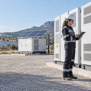 Ingeniera BESS y almacenamiento energético Ingeniera BESS revisando un sistema de almacenamiento energético junto a una instalación solar